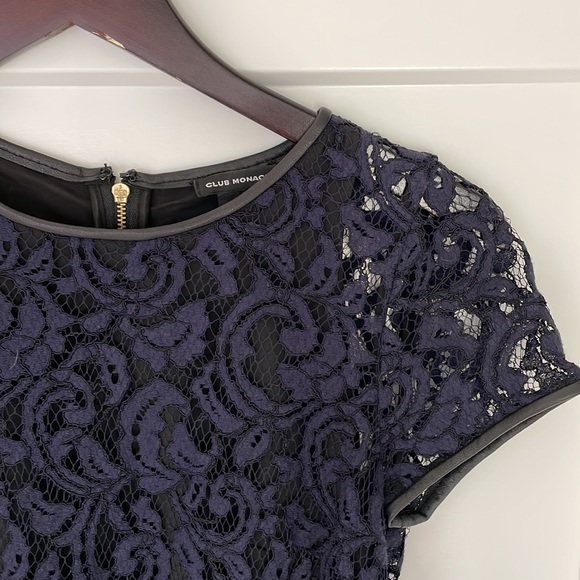 Club Monaco navy lace dress with leather detail. - Picture 2 of 5